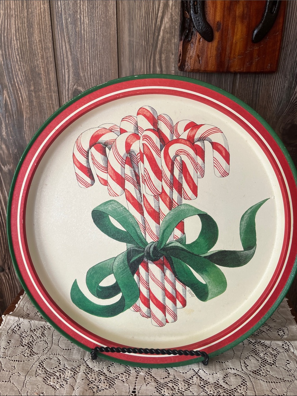 Vintage Potpourri Press Red & Green Candy Cane Holiday Serving Tray